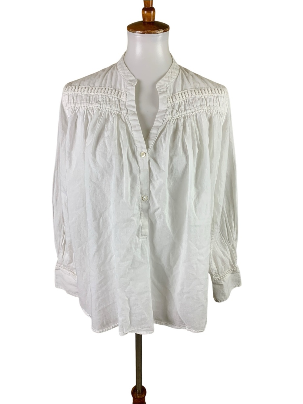 Nili Lotan White Cotton Blouse S Boho Pintuck Button Front Relaxed Tunic Top